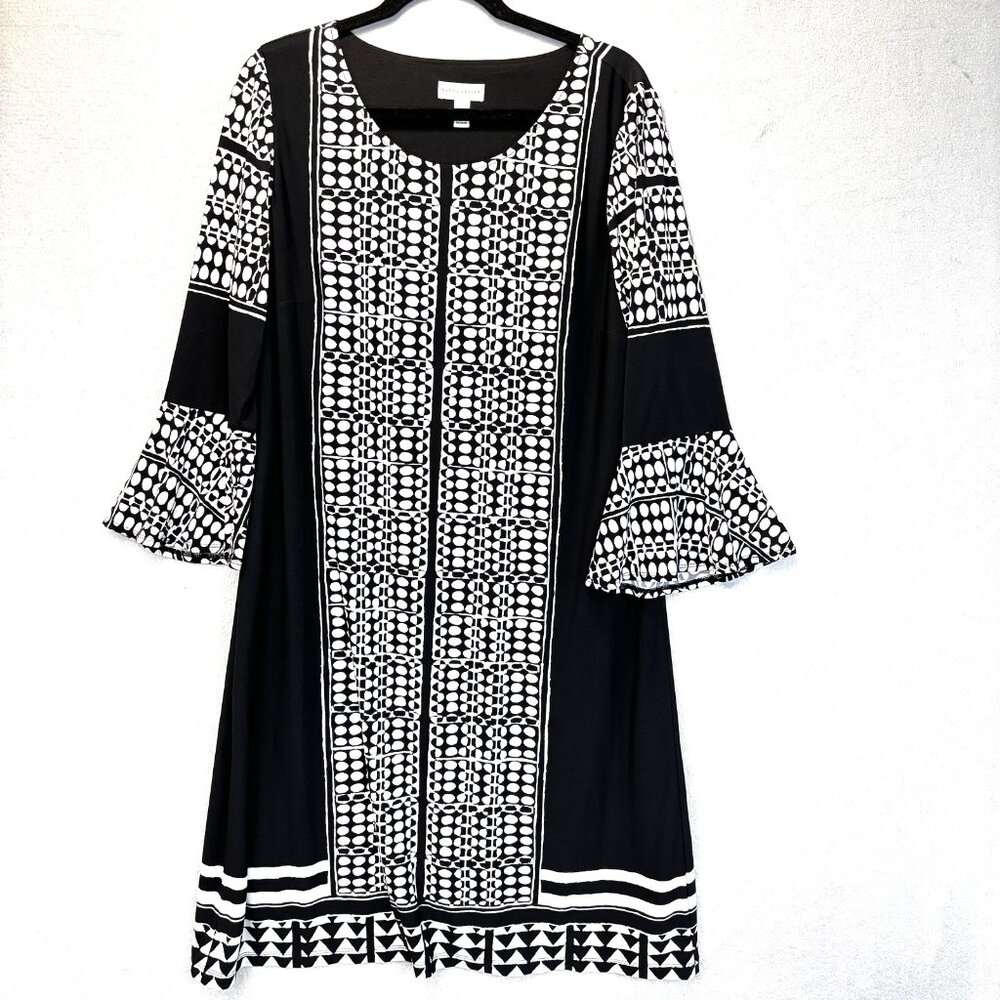 Susan Graver Geometric Bell Sleeve Dress Womens Large Black White Office Stretch